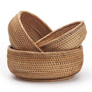 lot 1103 image: Round Rattan Fruit Baskets Woven Storage Bowls Key Holder Stackable for Shelf Kitchen Tabletop Natural Set of 3 - Retail $36