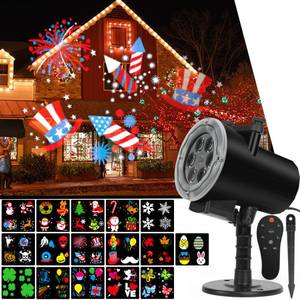 lot 1106 image: 4th of July Projector,Christmas Halloween Lights Projector,Waterproof Indoor Remote Control LED Projector Lights,16 Slides Holiday Light Party Outdoor Garden House Apartment Kids Room Night Light - Retail $33