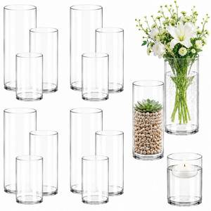 lot 1111 image: 12-Pack Clear Plastic Cylinder Vases (4, 6, 8) Shatter-Resistant Decorative Centerpiece Vases for Flowers, Floating Candles, Weddings, Parties, Table Decorations - Retail $29