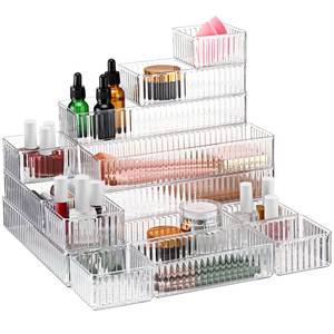 lot 5003 image: Teenyyou 18 Pcs Drawer Organizer Stackable 4 Size Makeup Drawer Organizer Trays Acrylic Bathroom Vanity Storage Bins for Cosmetic, Jewelries, Office Supply, Kitchen Utensils(Clear,Stripes) - Retail $34