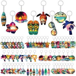 lot 5013 image: Ferreve 64 Pcs Summer Beach Favors Keychain Gifts Set Wooden Sea Turtle Surfboard Flip Flop Flower Shell Glasses Keychains Bulk Luau Pool Key Chains for Summer Tropical Hawaiian Party Supplies - Retail $22