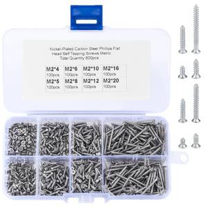 lot 7016 image: M2 Flat Head Self Tapping Screws, 800 Pcs Cross Drive Head Self Tapping Woodworking Fastener Screws, Self Drilling Screws Assortment Kit, 456810121620mm - Retail $6
