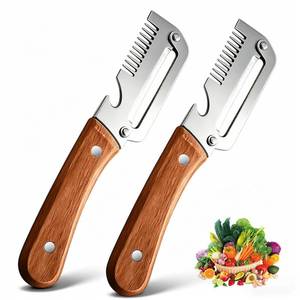 lot 7024 image: Multifunctional Vegetable Peeler with Wooden Handle, 3-In-1 Veggie Peeler with Scallion Shredder and Bottle Opener, Stainless Steel Kitchen Peeler for Fruit Pumpkin Potato Carrot 2 pack