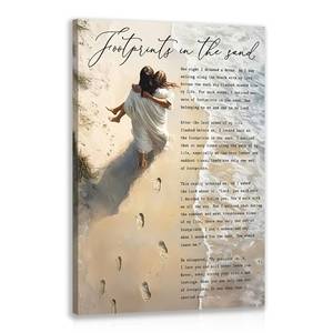 lot 7081 image: IAFWZX Framed Jesus Wall Art, Jesus Hugging Woman on Beach Wall Decor, Faith Footprints Poster Print, Inspirational Christian Canvas Painting for Church Bedroom 12x16 Inch Product has spelling typo