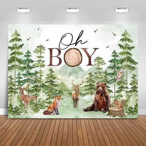 lot 7085 image: Fitumiw Oh Boy Backdrop 7x5ft Forest Woodland Baby Shower Party Decorations Background for Boys Wilderness Mountain Adventure Baby Shower Banner Photo Booth Props - Retail $17