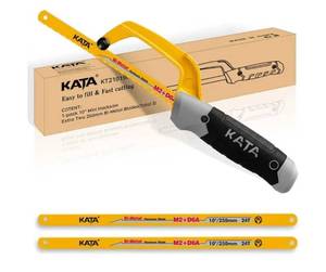 lot 13014 image: KATA Mini Hacksaw for Metal Cutting, Compact Hand Hack Saw Tool with 10 Inch Aluminum Frame and 2 Piece Extra Flexible Bi-Metal HSS Saw Blades, Small Handsaw Cutter for Wood, PVC, Iron, Copper - Retail $10