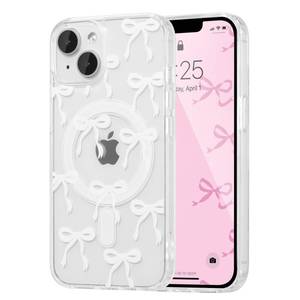 lot 13048 image: UEEBAI Magnetic for iPhone 15 Plus Case & iPhone 14 Plus Case, Bow Case Compatible with MagSafe, Wireless Slim Clear Ribbon Phone Cover Translucent Shockproof Protective Cover for Women Girl - White - Retail $10