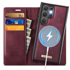 lot 13096 image: PlusnapX Wallet Case for Samsung Galaxy S24 Ultra Compatible with Magsafe, 2-in-1 PU Leather Flip RFID Blocking Card Holder Stand Shockproof Magnetic Detachable Cover for Galaxy S24 Ultra, Burgundy - Retail $29