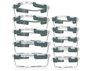 lot 60590 image: VERONES 10 Pack Glass Meal Prep Containers, Airtight Glass Lunch Containers, Stackable Glass Food Storage Containers Set with Lids,BPA-Free, for Microwave, Oven, Freezer & Dishwasher Friendly,Grey - Retail $38