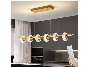 lot 60591 image: Dimmable Modern LED Chandelier with Remote Control, Crystal Dining Room Light Fixtures Over Table, 3000K-6500K Gold Linear Pendant Light for Kitchen Island - Retail $150