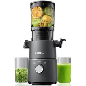 lot 62732 image: Canoly C03 Cold Press Juicer, 4.5 Wide Feed Chute Masticating Juicer Machine for Whole Fruits and Vegetables, 200W Powerful Quiet Motor, 2-in-1 Strainer (Juice & Nut Milk), Space-Saving (Matte Black) - Retail $186