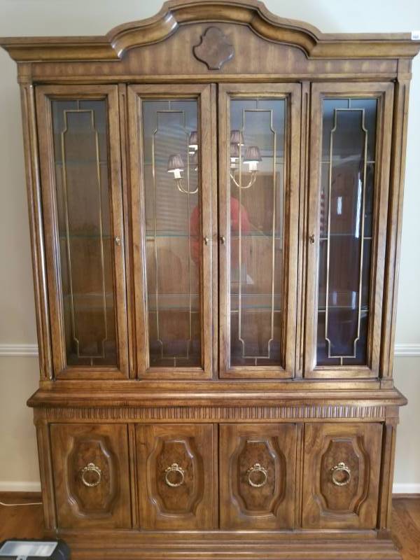 lot 5175 image: Heritage Huge Lighted China Cabinet with Under Storage and Silverware Drawer, Glass Shelves