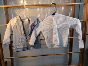 lot 57 image: Carters Baby Girl Lot - Knit Cardigan & Varsity Zip-Up Hoodie Size S and 9 months