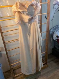 lot 93 image: Champagne Satin Formal Gown with Lace Applique and Shawl