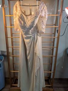 lot 94 image: Champagne Chiffon Formal Gown with Lace Sleeves and Floral Applique