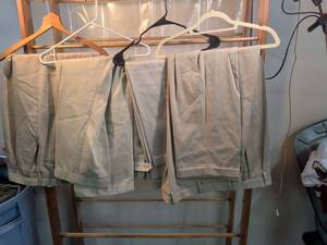 lot 114 image: Lot of Mens Khaki Dress Pants W46L34 - Sansabelt & Cotton Pleated Trousers