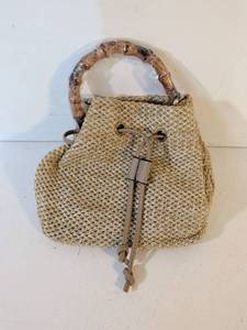 lot 171 image: Woven Straw Bucket Bag with Rattan Handle and Drawstring Closure