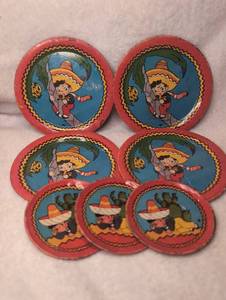 lot 1508 image: Ohio Art Tin Litho Mini Plates Mexican Sombrero Character Designs - 7 ct
