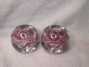 lot 2003 image: Pair of Pink and White Swirled Glass Candle Holders&nbsp