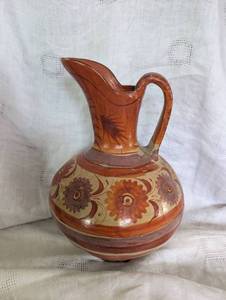 lot 2508 image: Mexican Terracotta Pottery Pitcher with Hand-Painted Floral Design