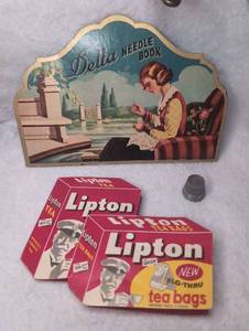 lot 3001 image: Delta Needle Book with Lipton Tea Boxes and Sewing Accessories Lot