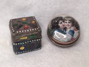 lot 4500 image: 2 Mini Piece Collectible Lot Halcyon Enameled Portrait Box &amp Decorative Jeweled Box