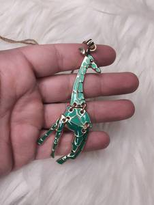 lot 4529 image: Giraffe Pendant Necklace with Chain Gold Tone Green Enamel