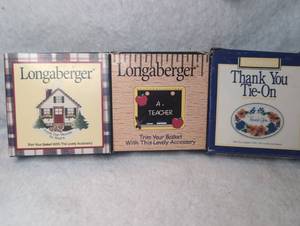 lot 5000 image: Longaberger Basket Tie-On Accessory Set 3 Pieces Teacher, Floral, New House