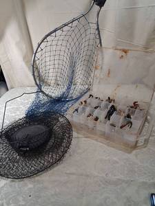 lot 13 image: Fishing Gear Lot - Landing Net, Fish Basket, Tackle Box with Lures and Soft Baits
