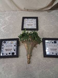 lot 34 image: Gold Toned Wall Sconce Planter with Fern Greenery and 3 Framed Bathroom Art Prints Set