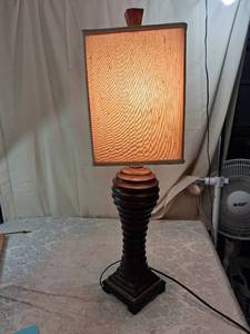 lot 73 image: Tall Carved Wood Spiral Table Lamp with Square Fabric Shade