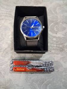 lot 78 image: Quartz Wristwatch with Mesh Band and Sheffield Stainless Steel Multi-Tool Set