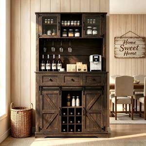 lot 4074 image: SILKYDRY Farmhouse Coffee Bar Cabinet with Storage, Kitchen Buffet Hutch with Wine Rack & Sliding Barn Doors & Glass Doors, Tall Pantry Cabinet for Home Bar, Dining Room - Retail $270