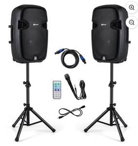 lot 4076 image: Portable Dual 15 2-way 2000 W Powered Speakers w Stands & Controller - Retail $320