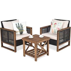 lot 4080 image: KOTEK 3 Pieces Patio Furniture Set, PE Rattan Wicker Bistro Set with Washable Cushions & Acacia Wood Coffee Table, Outdoor Conversation Set for Garden, Backyard, Poolside (Beige) - Retail $210