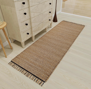 lot 30160 image: Jute Runner Rug 2.6x8 ft Handwoven Boho 100% Natural Jute Diamond Pattern Runner, Indoor High-Traffic HallwayEntryway Accent Rug, Non-Slip, Eco-Friendly for Kitchen, Living Room, Bedroom - Retail $0