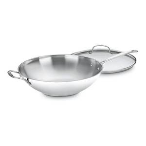lot 30164 image: Cuisinart 726-38H Chef s Classic Stainless 14-Inch Stir-Fry Pan with Helper Handle and Glass Cover - Retail $7,274