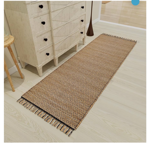 lot 31156 image: Eco Crave Jute Runner Rug 2.6x8 ft �� Handwoven Boho 100% Natural Jute Diamond Pattern Runner, Indoor High-Traffic HallwayEntryway Accent Rug, Non-Slip, Eco-Friendly for Kitchen, Living Room, Bedroom - Retail $0