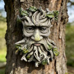 lot 3814 image: FmnyYaid Tree Faces Decor Outdoor, Whimsical Old Man Resin Statue with Foliage Features, Large Outdoor Tree Hugger for Yard Art, Root Detail, Trees Decorations Outdoor Wallmounted Statue - Retail $19