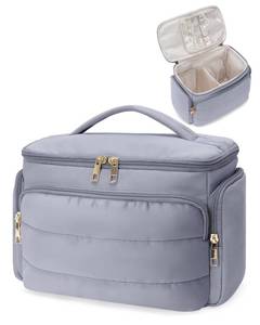 lot 3834 image: WANDF Travel Toiletry Bag for Women, Wide-open Large Makeup Bag with Handle, Puffy Makeup Organizer for Toiletries, Cosmetics, Accessories, Essentials (Slate Blue) - Retail $20