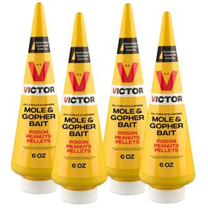 lot 3852 image: Victor Outdoor Mole & Gopher Poison Peanuts 4-Pack - Zinc Phosphide Rodenticide Bait for Effective Mole and Gopher Killer Pest Control in Yards and Lawns, 6 oz per Container, M6006-4 - Retail $21