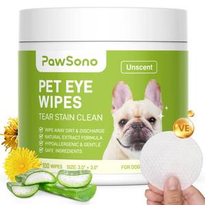 lot 3866 image: PawSono Eye Wipes for Dogs & Cats, Hypoallergenic Dog Eye Wipes Cleaner, Natural Cleaning Grooming Pet Wipes Gently Remove Tear Stain, Eye Debris, Discharge, Mucus, Non-Irritating, Unscent, 100 pcs - Retail $8