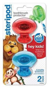 lot 3893 image: Steripod Kids Clip-On Toothbrush Protector, Keeps Toothbrush Fresh and Clean, Fits Most Manual and Electric Toothbrushes, Red and Blue Glitter, 2 Count - Retail $6