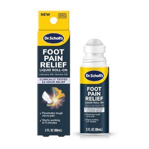 lot 3894 image: Dr. Scholls Foot Pain Relief Liquid ROLL-ON, 3.0 oz  Clinically Tested 12-Hour Pain Relief - Penetrates Tough Nerve Pain - Works in 5 Minutes - Non-Greasy - with Lidocaine & Menthol - Retail $12