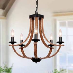 lot 3908 image: 21 Farmhouse Chandelier, 5-Light Rustic Dining Room Light Fixture, Farmhouse Chandeliers for Dining Room, Faux Wood Texture Adjustable Pendant Lighting for Living Room, Kitchen, Foyer, Entryway - Retail $75