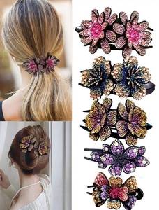 lot 3912 image: 5 Pcs double flower decorative jeweled rhinestone hair clip pretty fancy floral thick crystal hair clips for women beautiful fashion designer asian accessories long chinese korean vintage ornaments - Retail $17