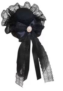 lot 3928 image: Funeral Headpiece with Black Lace and Ribbon Bow -&nbsp