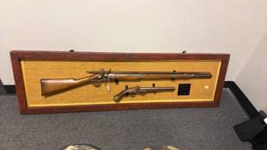 lot 40 image: Framed mounted replica firearms 18 x 60 in