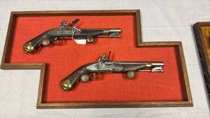lot 41 image: Framed mounted replica firearms 15 x 27 in