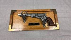 lot 44 image: Framed mounted 1860 Army .36 cal replica 8 x 17 in